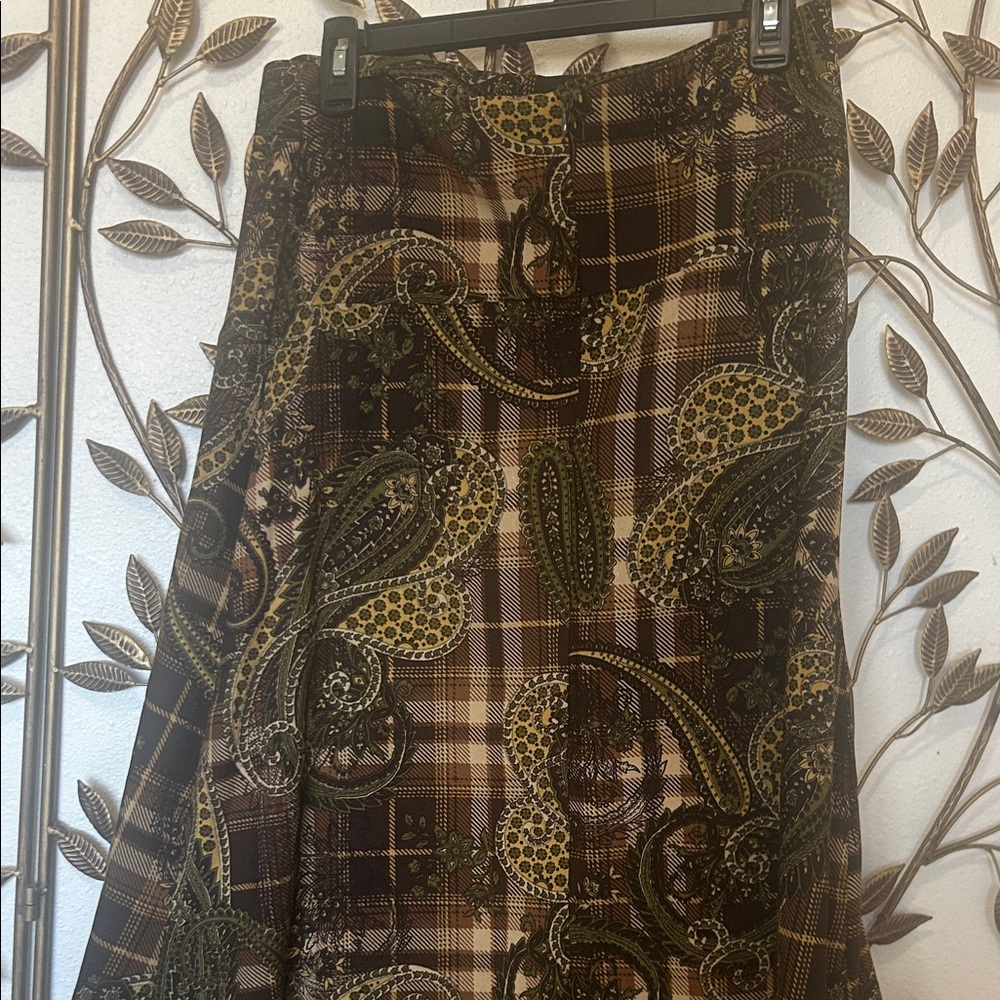 Cato Olive Green and Brown Paisley Plaid Maxi Skirt